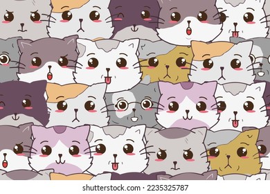 Funny hand drawn cats with different emotions seamless pattern. Cartoon kawaii domestic kittens. For print, childish cover. Animal faces