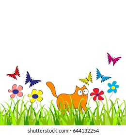 Funny hand drawn cats, flowers and butterflies with green grass for your design on white background. Different emotions and actions. Vector illustration, eps 10.
