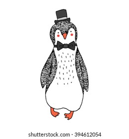 Funny hand drawn character - penguin with a bow tie and a hat. Vector illustration