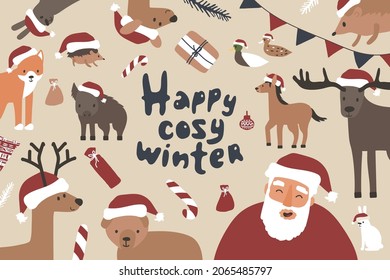 Funny hand drawn Christmas card of cute animals in Santa hats and happy Santa Claus. Vector illustration on beige background