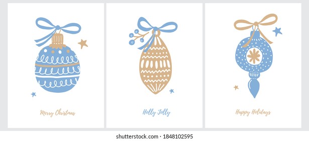 Funny Hand Drawn Christmas Vector Card. Cute Christmas Tree Decorations. Gold and Blue Baubles Isolated on a White Background. Simple Blue and Gold Printable Winter Holiday Illustrations.