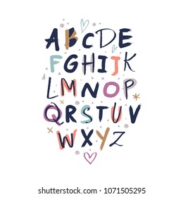 Funny hand drawn colored kids font set. ABC, alphabet. Clipart, isolated vector letters and symbols.