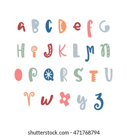 Funny hand drawn colorful alphabet. Vector letters set. Fun style with decorations.