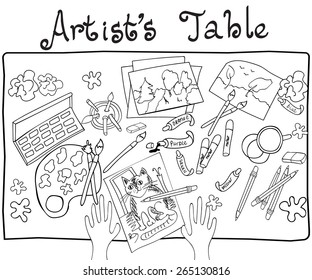 Funny hand drawn colorful vector illustration on artist's table with pencils, brushes, drawings, colors, stains and other items. Top view. Black on white background.