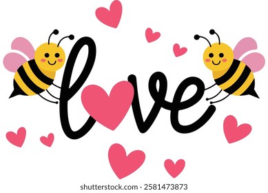 Funny hand drawn cute bees with hearts Valentines day concept Great for mugs greeting cards and tshirts Vector illustration