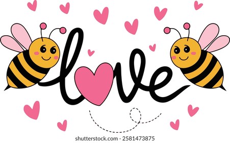 Funny hand drawn cute bees with hearts Valentines day concept Great for mugs greeting cards and tshirts Vector illustration