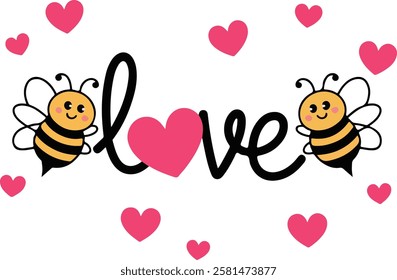 Funny hand drawn cute bees with hearts Valentines day concept Great for mugs greeting cards and tshirts Vector illustration