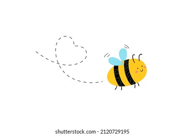 Funny hand drawn cute flying bee with dotted heart. Great for mugs, greeting cards and t-shirts. Vector illustration.