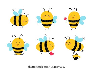 Funny hand drawn cute honey bees. Flying insect collection. Vector illustration.