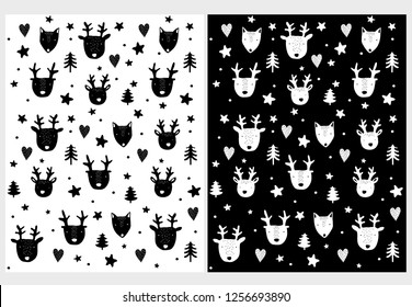 Funny Hand Drawn Deers, Fox and Trees Vector Pattern.Lovely Deer, Fox, Hearts, Christmas Trees and Stars on a Black and White Background.Infantile Style Illustration.Scandinavian Style Nursery Art.