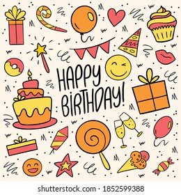 Funny hand drawn doodle birthday party background. Colorful flat vector illustration with balloons, cake, candles, present, gift etc