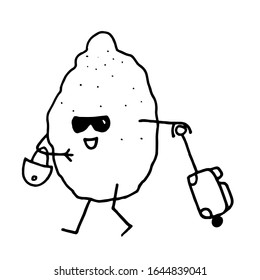 Diablos dibujados a mano con limón. La fruta está viajando. Lleva un equipaje. los rayos de sol y la sonrisa están en su cara. El concepto de descanso y descanso. Isolado en blanco