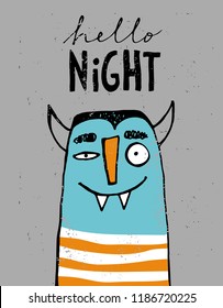 Funny Hand Drawn Dracula Vector Illustration.Smiling Dracula Wearing Striped T-shirt Isolated on a Grunge Gray Backround. Infantile Stye Halloween Vector Card. Handwritten Hello Night Black Text. 