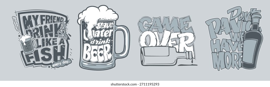 Funny, hand drawn drinking slogans. Retro T-Shirt template designs featuring beer mugs and bottles. Great for apparel.
