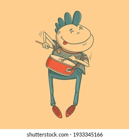 Funny Hand Drawn Drummer Boy With Drum. Vector Illustration For Design Or Textile Print