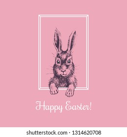 Funny hand drawn easter bunny in linear frame for greeting card, invitation, poster, banner template. Vector illustration.