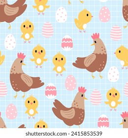 Gracioso patrón a mano de Pascua sin costura con pollos, pollitos y huevos en un fondo azul a cuadros. Ilustración vectorial. 