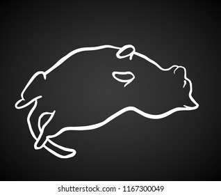 Funny hand drawn fat cat lying. Animal vector outline sketch illustration with a pet kitty. White contour isolated over black.