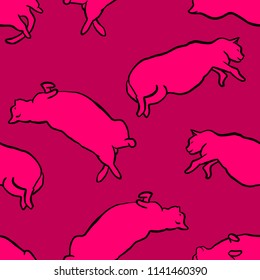 Funny hand drawn fat cats lying seamless pattern. Animal vector outline sketch background illustration with kitties. Cute pet vibrant pink backdrop.
