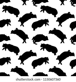 Funny hand drawn fat cats lying seamless pattern. Animal vector outline sketch background illustration with kitties. Cute pet backdrop in black over white.