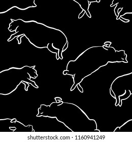 Funny hand drawn fat cats lying seamless pattern. Animal vector outline sketch background illustration with kitties. Cute pet backdrop in white over black.