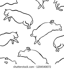 Funny hand drawn fat cats lying seamless pattern. Animal vector outline sketch background illustration with kitties. Cute pet backdrop in black over white.