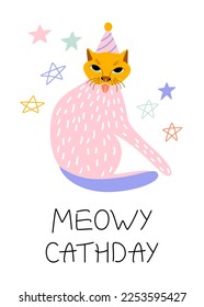 A funny hand drawn festive cat in birthday hat. Vector illustration of a pet for a poster or card