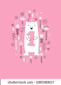 Funny Hand Drawn First Birthday Vector Illustration. Cute White Bear Standing Among Flowers, Holding Pink Dotted Number One. Lovely White Bear Isolated  on a Pink Background. Sweet Nursery Art.