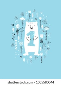 Funny Hand Drawn First Birthday Vector Illustration. Cute White Bear Standing Among Flowers, Holding Blue Dotted Number One. Lovely White Bear Isolated  on a Blue Background. Sweet Nursery Art.