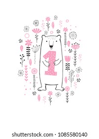 Funny Hand Drawn First Birthday Vector Illustration. Cute White Bear Standing Among Flowers, Holding Pink Dotted Number One. Lovely White Bear Isolated  on a White Background. Sweet Nursery Art.