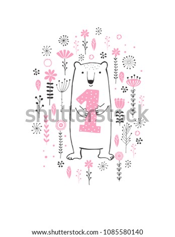 Funny Hand Drawn First Birthday Vector Illustration. Cute White Bear Standing Among Flowers, Holding Pink Dotted Number One. Lovely White Bear Isolated  on a White Background. Sweet Nursery Art.