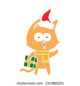 graciosa ilustración a color plano dibujada a mano de un gato con sombrero santa