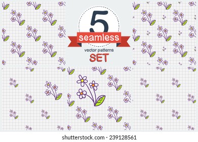 Funny hand drawn flower chamomile sketch in a notebook. Set of 5 vector seamless pattern. Chess grid order pattern.