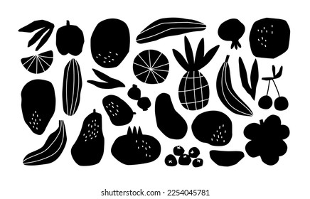 Funny hand drawn fruit food set. Black and white freehand fruits collection. Illustration of pineapple, banana, grape and more tropical summer foods on isolated background.