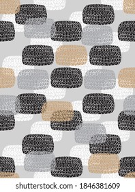 Funny Hand Drawn Geometric Vector Seamless Pattern with Abstract Clouds. Simple Infantile Style Repeatable Print with Black, Gray, White and Gold Clouds Isolated on a Light Gray Background.
