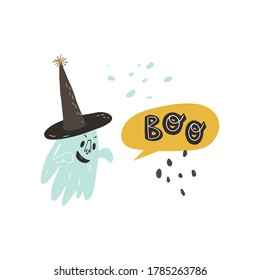 Funny hand drawn ghost in witch pointed hat with creepy smile and hands up frightens somebody and Boo lettering in speech bubble. Halloween greeting card, banner hand drawn design.