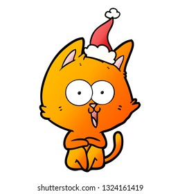 funny hand drawn gradient cartoon of a cat wearing santa hat