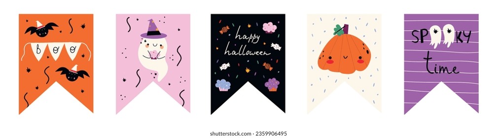 Funny  Hand Drawn Halloween Bunting Flags Vector Set. Hand Written Happy Halloween. Cute Ghost,Sweets Pumpkin, Black Bats and Hand Lettering.