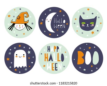 Funny Hand Drawn Halloween Candy Bar Tags. Cute Halloween Cartoons. Infantile Style. Moon, Cat and Little Ghost. Hand Written Boo and Happy Halloween. Mint Green, Orange, Dark Blue and White Design.