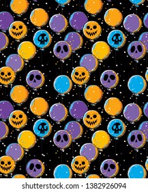 Funny Hand Drawn Halloween Seamless Vector Pattern with Scary Orange, Violet and Blue Balloons of Ghost Face. Confetti Rain.Scary Balloons on a Black Background. Spooky Night. Cute Halloween Wallpaper