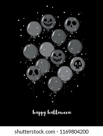 Funny Hand Drawn Halloween Vector Card. Scary Dark Grey Balloons with Ghost Faces. Falling Tiny Circle and Star Shape Confetti.Happy Halloween Card. Scary Balloons on a Black Background.Spooky Night. 