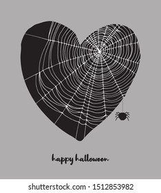 Funny Hand Drawn Halloween Vector Illustration with Black Heart Covered with White Cobweb. Black Heart and Fat Spider Isolated on a Dark Gray Background. Halloween Art for Card, Poster, Invitation.