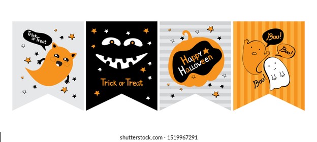 Funny Hand Drawn Halloween Vector Bunting. Illustration with cat, Ghost, pumpkin, Jack. Hand written trick or treat, happy Halloween, Boo. Gra, Orange, Black and White Design. Garland and flags set.