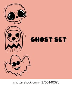 Funny hand drawn halloween vector doodle. Illustration of a cute skull and ghosts. Happy Halloween icon design.
