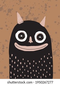 Divertida mano dibujó la ilustración de un vector de Halloween con un malvado negro lindo aislado en un fondo marrón. Impresión sonriente del pequeño diablo ideal para tarjetas, arte en la pared, afiches.