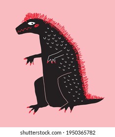Funny Hand Drawn Halloween Vector Illustration with Big Scarry Black Dragon Isolated on a Pink Background. Cute Dinosaur Print ideal for Card, Wall Art, Poster.