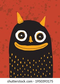 Divertida mano dibujó la ilustración de un vector de Halloween con un malvado negro disuelto aislado en un fondo rojo. Impresión sonriente del pequeño diablo ideal para tarjetas, arte en la pared, afiches.