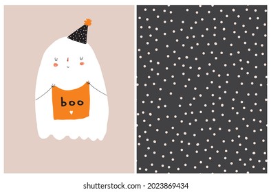 Funny Hand Drawn Halloween Vector Illustration  White Ghost Holding Hand Written Boo  Cute Little Ghost in Black Party Hat Isolated Beige Background  Funny Halloween Print   Dotted Pattern 