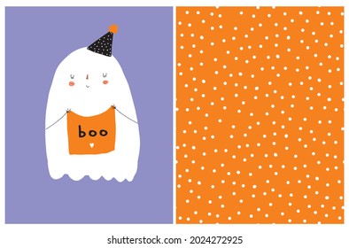 Funny Hand Drawn Halloween Vector Illustration  White Ghost Holding Hand Written Boo  Cute Little Ghost in Black Party Hat Isolated Violet Background  Funny Halloween Print   Dotted Pattern 