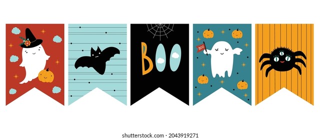 Funny Hand Drawn Halloween Vector Bunting. White Ghosts, Black Bat and Spider. Hand Written and Boo. Starry Night, Orange, Black and Blue Design